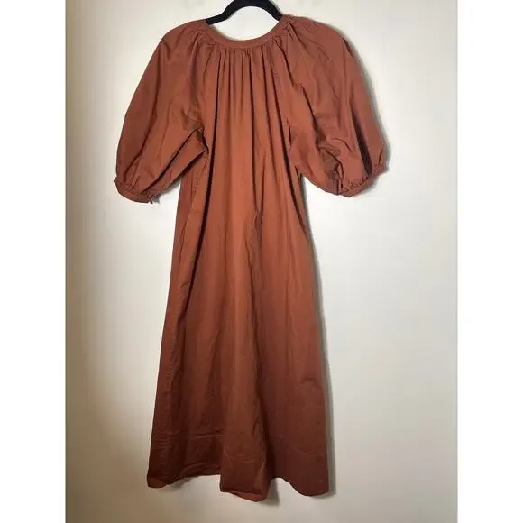 Staud Brown Half Puff Sleeve Cotton Button Up Maxi Dress Sz S - Picture 3 of 3